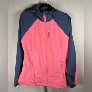 Columbia Soft Shell Jacket with Hoodie and Pockets - Large in Pink/Purple Combo
